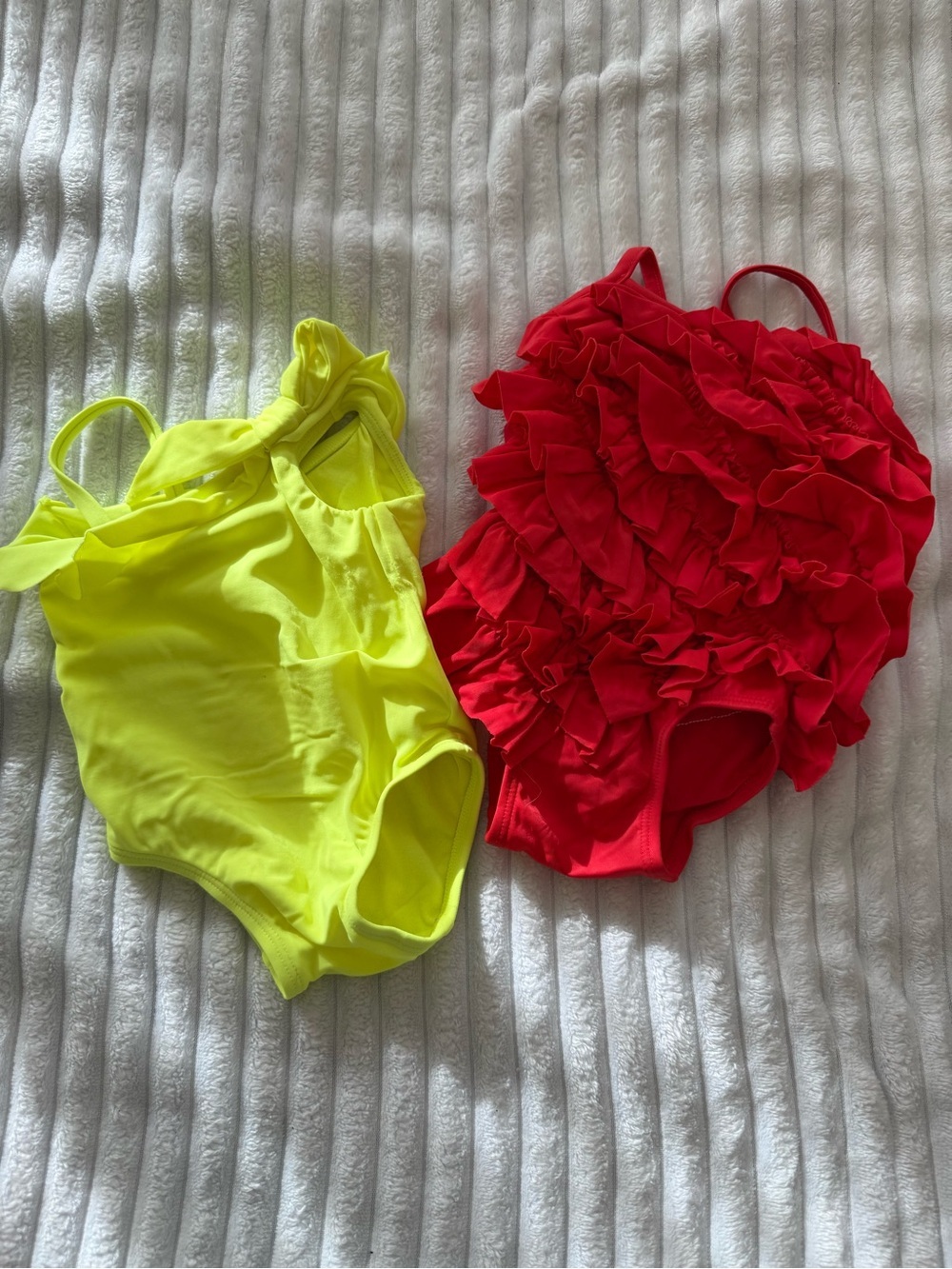 Bright Yellow & Cherry Red Ruffle One-Piece Swimsuits